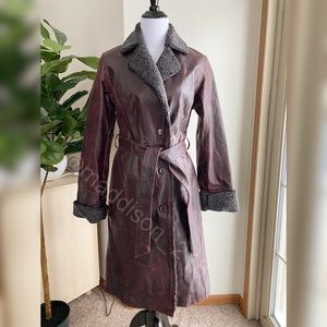 Vintage Leather Ruff Hewn Penny Lane Trench Coat Faux Fur Red Brown Medium